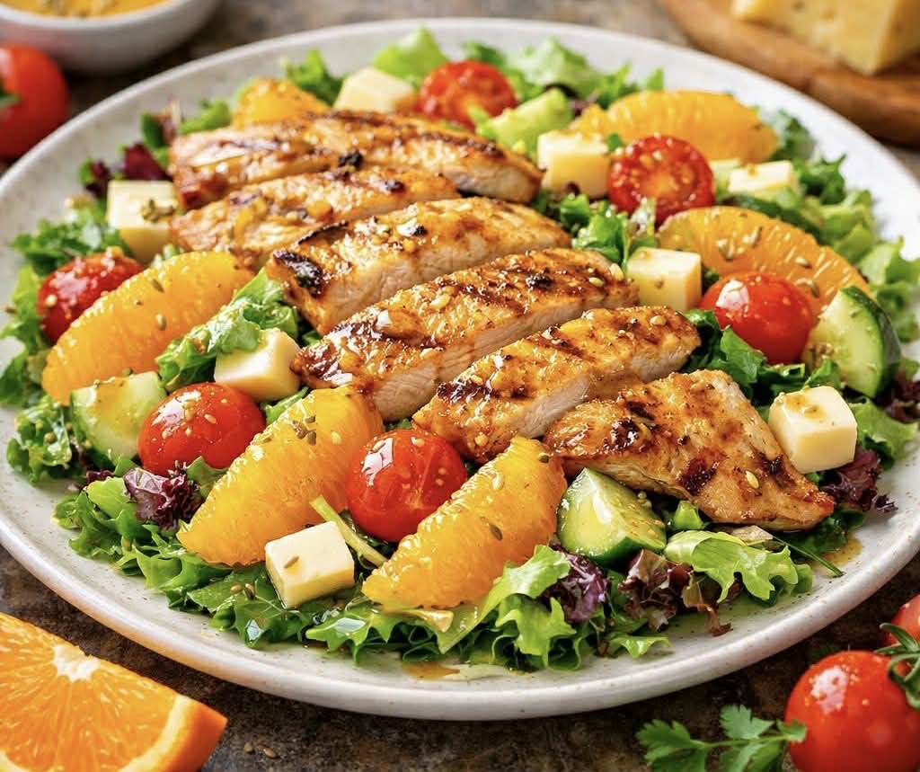 Салат з куркою, апельсином і медово-гірчичним соусом